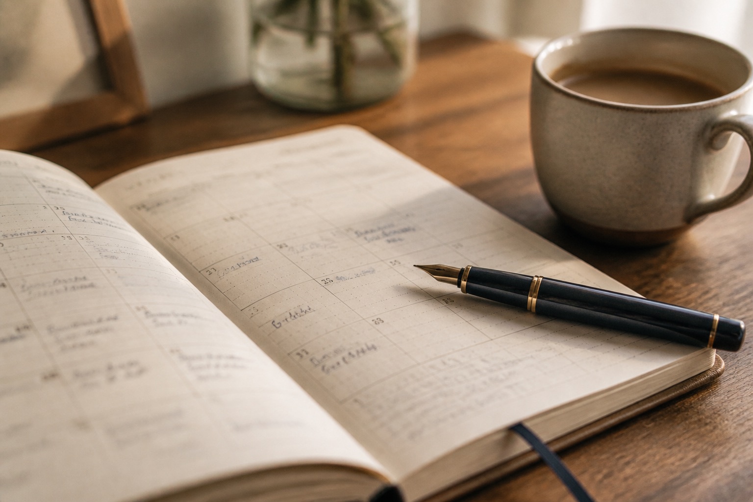 An open paper appointment calendar with a fountain pen resting on it